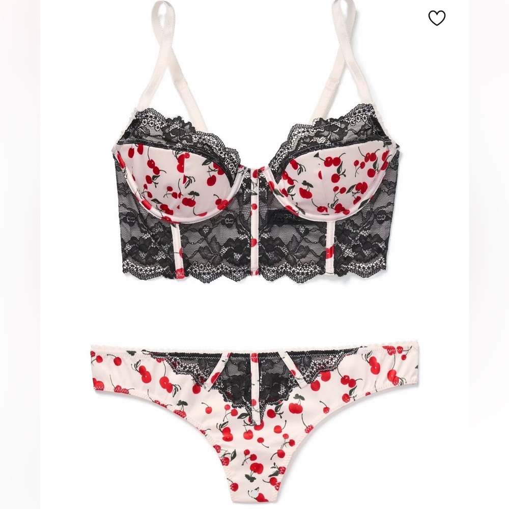 Adore Me White & Red Cherry Print Lace Demi Bra and  Panties Lingerie Set 38c/XL
